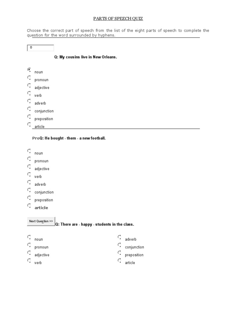 Parts of Speech Quiz | PDF | Part Of Speech | Adjective
