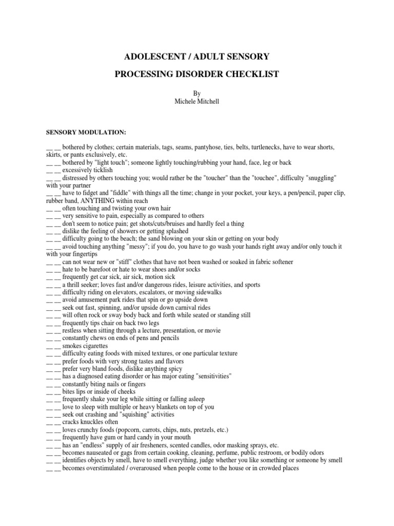 Adolescent / Adult Sensory Processing Disorder Checklist | PDF | Odor ...