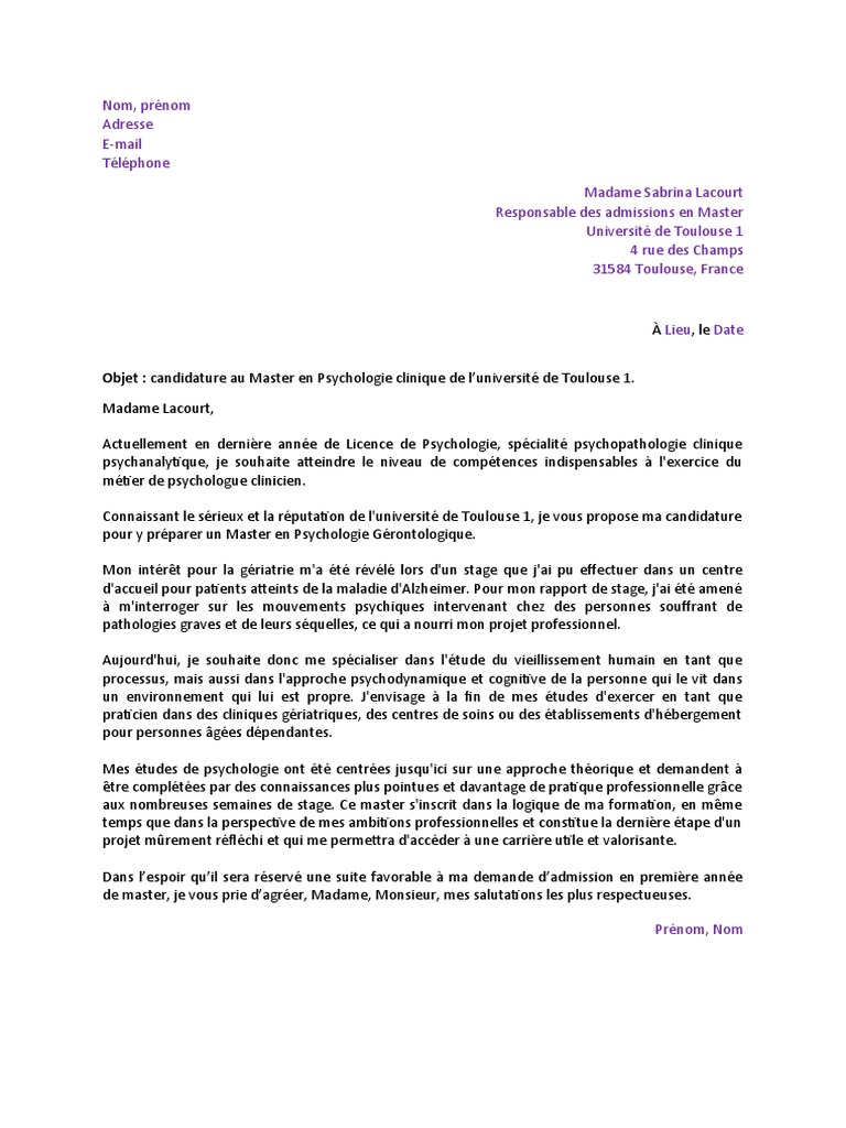 Lettre de Motivation Master Psychologie Télécharger gratuitement PDF — free download