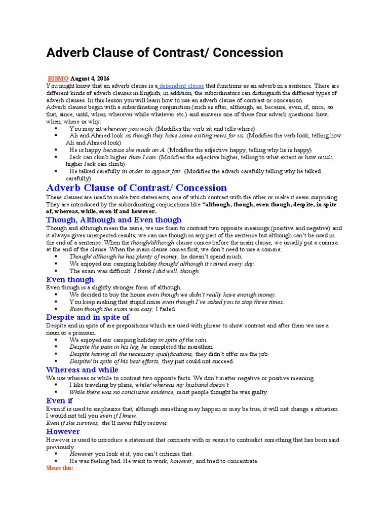 Adverb Clauses: Contrast and Concession | PDF | Adverb | Clause