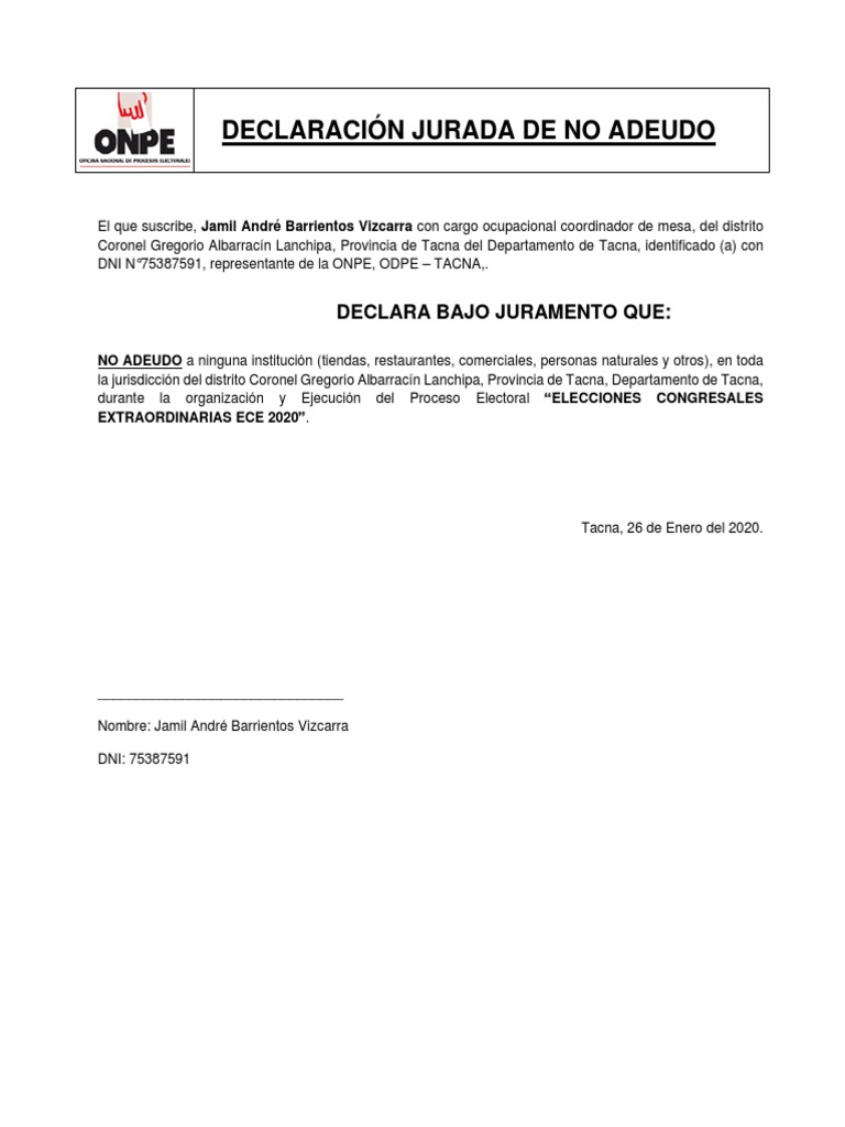 Declaracion Jurada de No Adeudo PDF | PDF