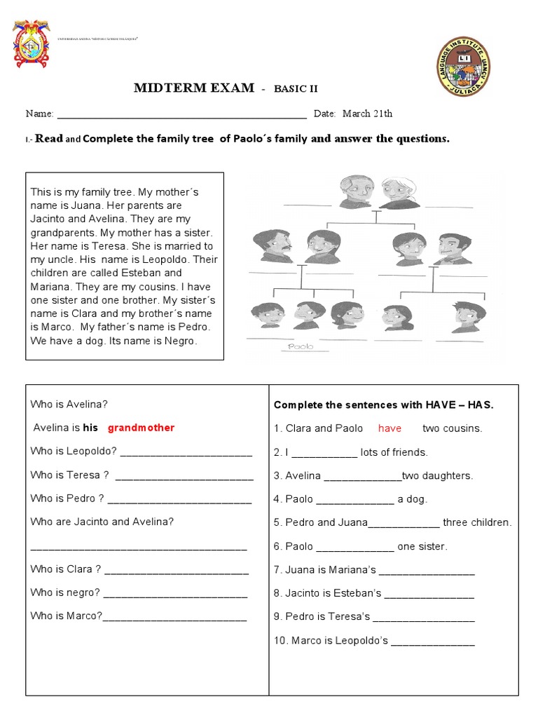 Midterm Exam: Read Complete The Family Tree of Paolo S Family and ...