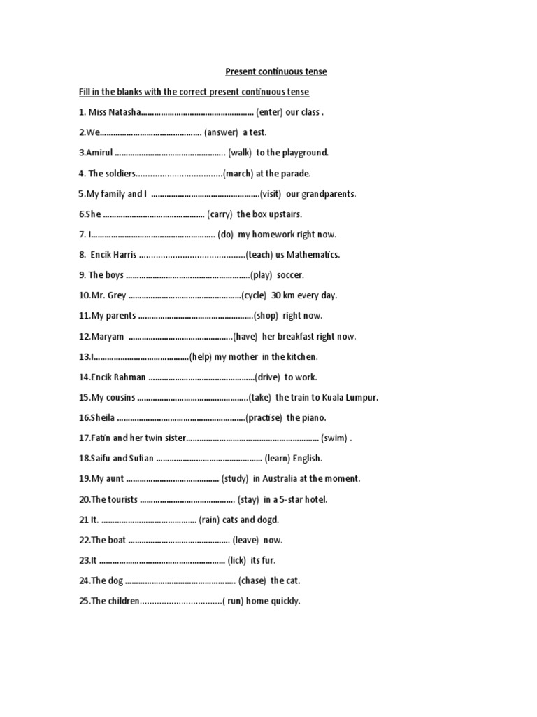 Year 6 Present Continuous Tense Exercise | PDF