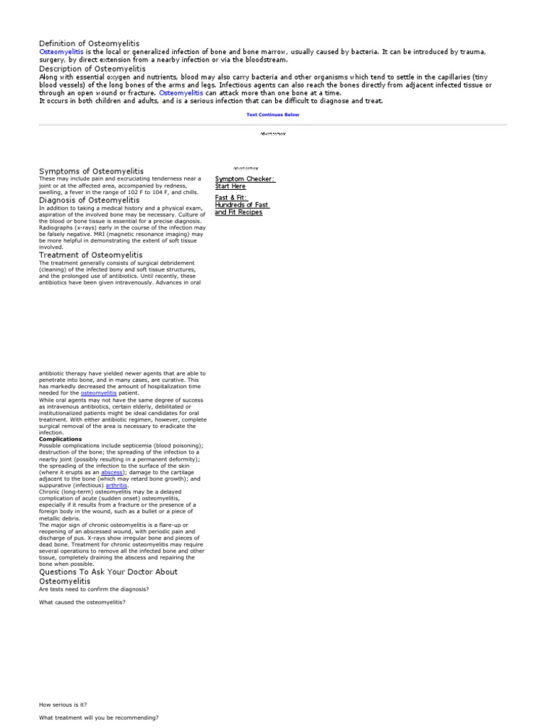 Definition of Osteomyelitis PDF Infection Diseases And Disorders
