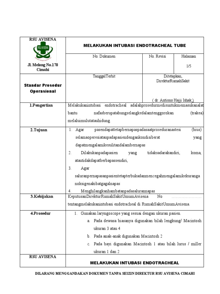 Sop Pemasangan Intubasi Ett | PDF