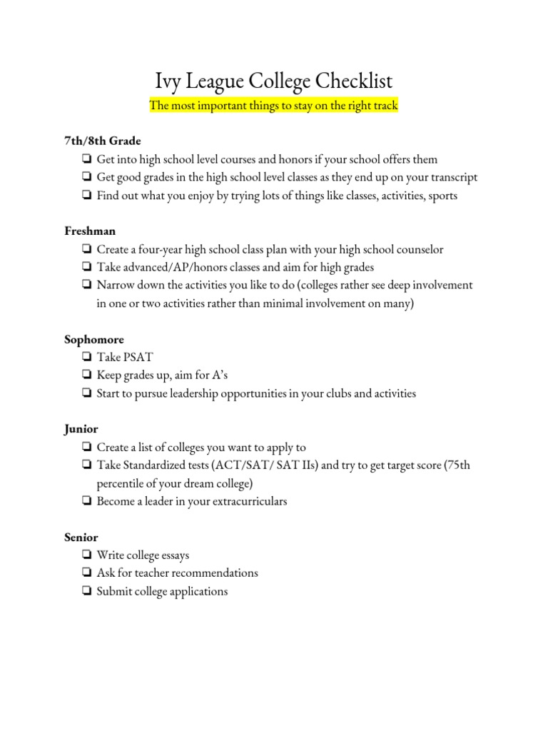 Ivy League College Preparation Checklist | PDF | Career & Growth