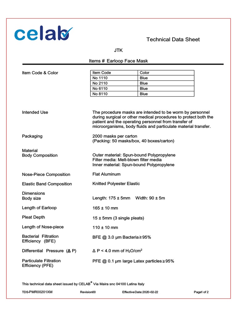 Technical Data Sheet: JTK Items # Earloop Face Mask | PDF | Filtration ...