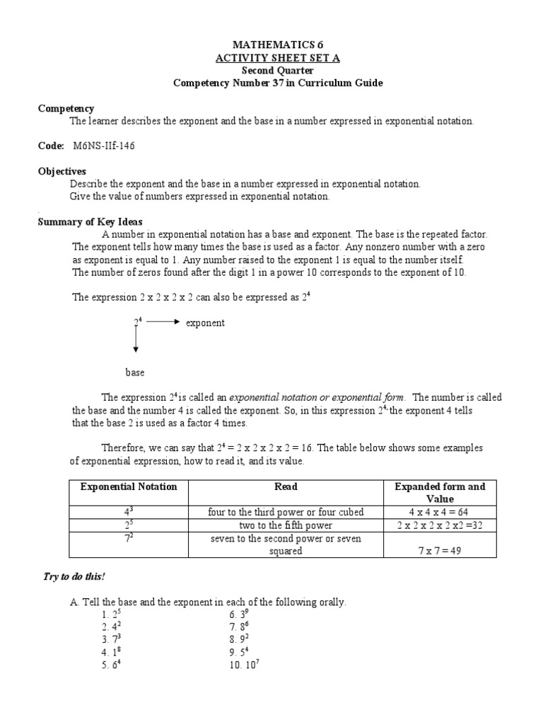 Grade 6 Exponential Notation Activities | PDF | Exponentiation | Numbers