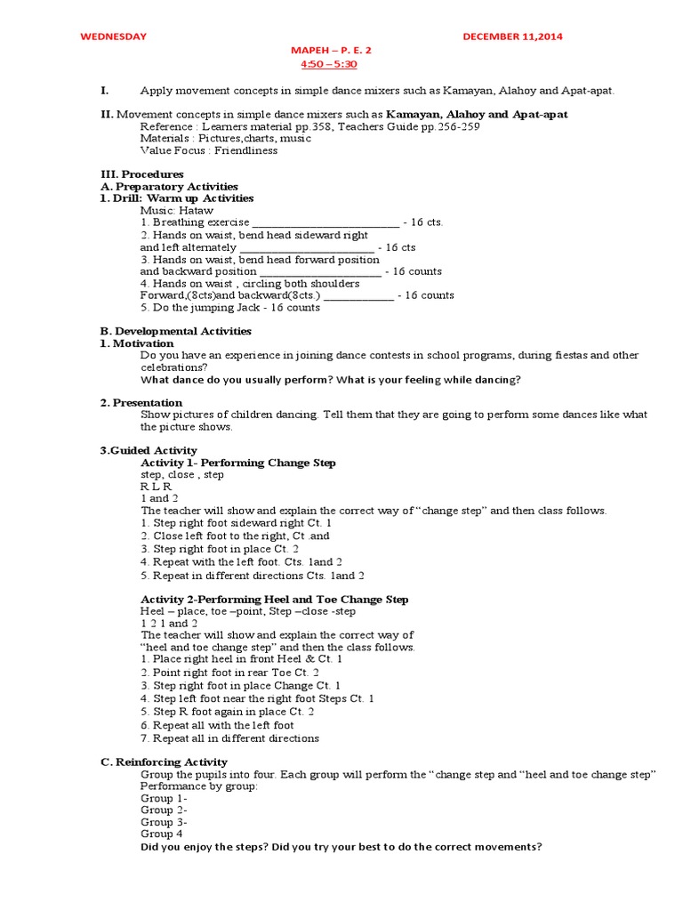 3.5 Apply Movement Concepts in Simple Dance Mixers Such As Kamayan