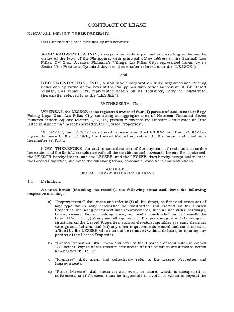 Contract of Lease Format | PDF | Lease | Renting