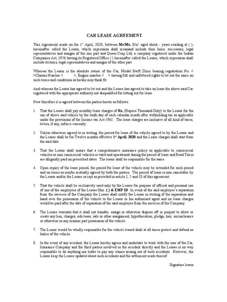 Car Lease Agreement Format - FY 2020 - 21 | PDF | Lease | Civil 