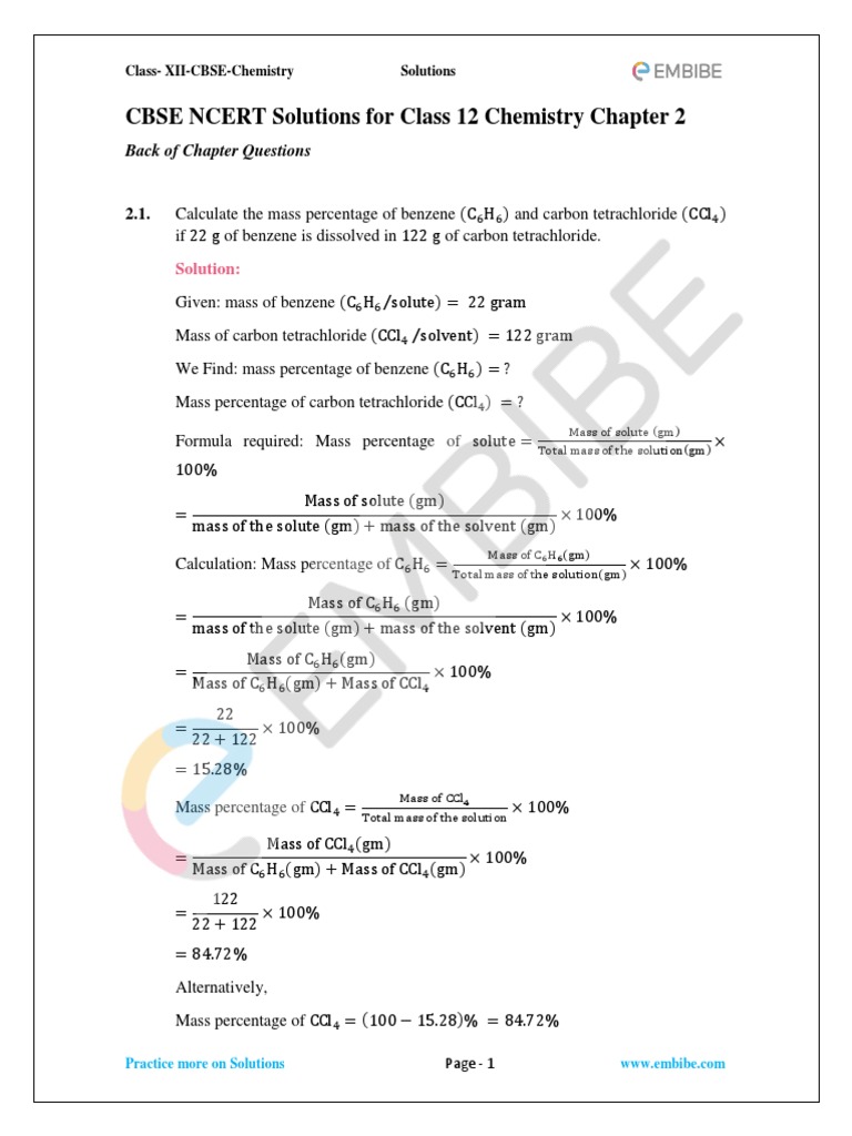 CBSE NCERT Solutions For Class 12 Chemistry Chapter 2: Back of Chapter ...