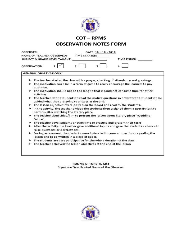 Cot Observation Notes Sample 1 Pdf Motivation Motivational