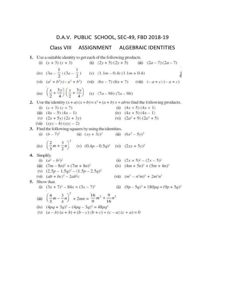 Assignment On Algebraic Identities Pdf