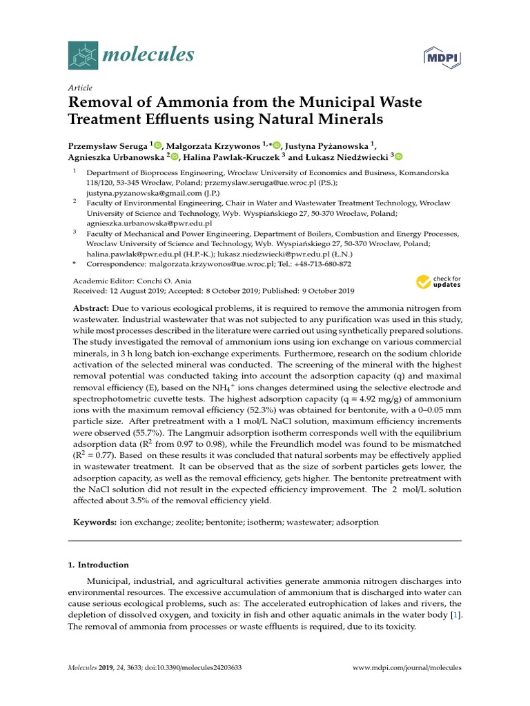 Molecules: Removal of Ammonia From The Municipal Waste Treatment E ...