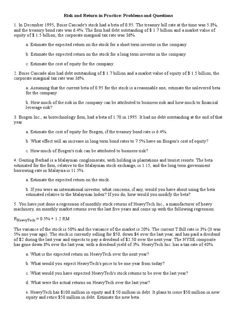 Risk and Return in Practice - Problems | Download Free PDF | Beta ...