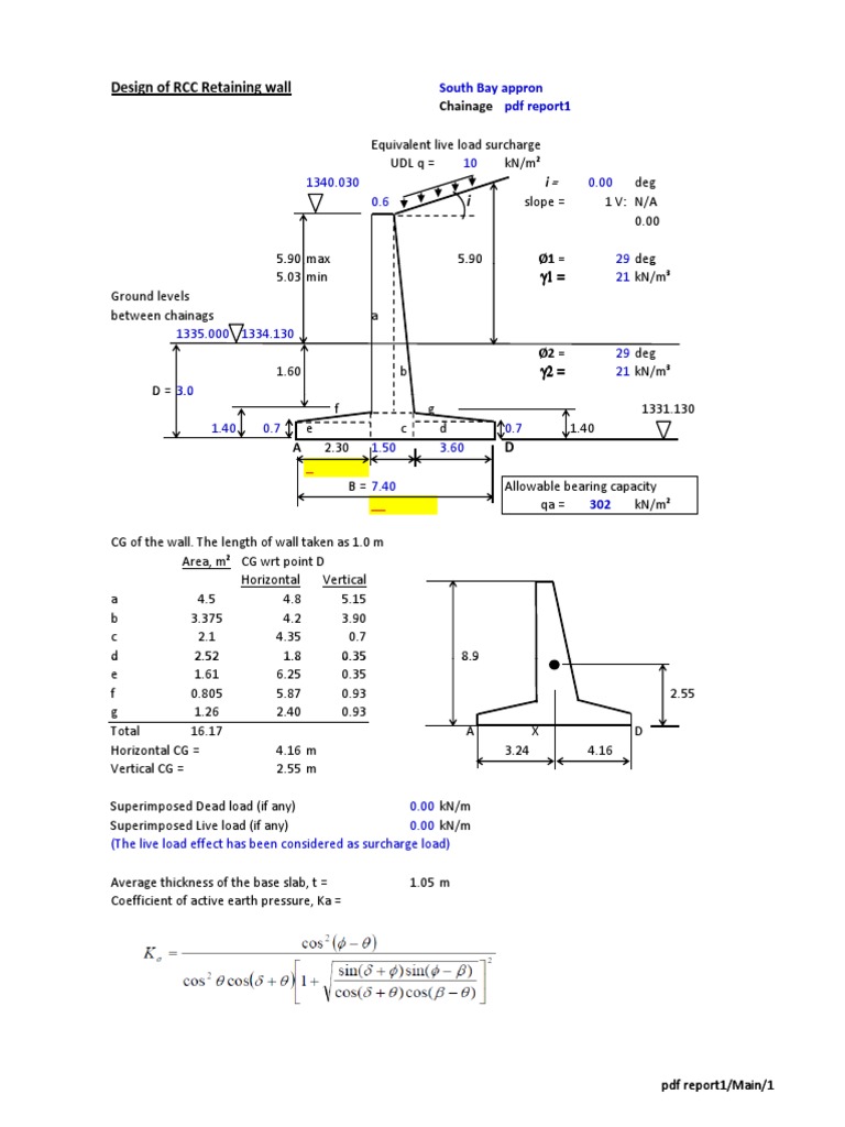 RCC Retaining Wall Design Analysis | PDF | Force | Bending