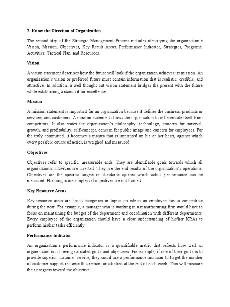 Knowing The Direction of Organization | PDF | Goal | Performance Indicator