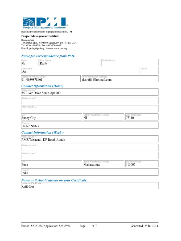PMI Contact and Education Details | PDF | Business