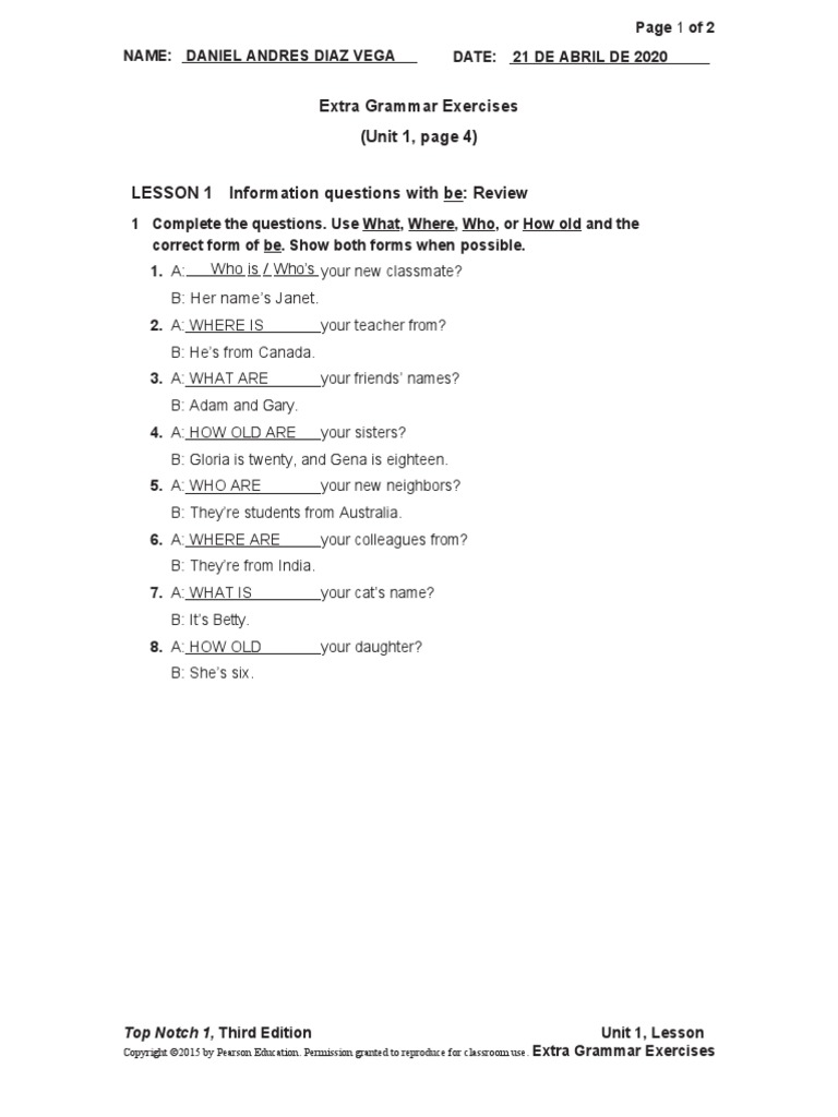 Extra Grammar Exercises (Unit 1, Page 4) Top Notch 1, Third Edition