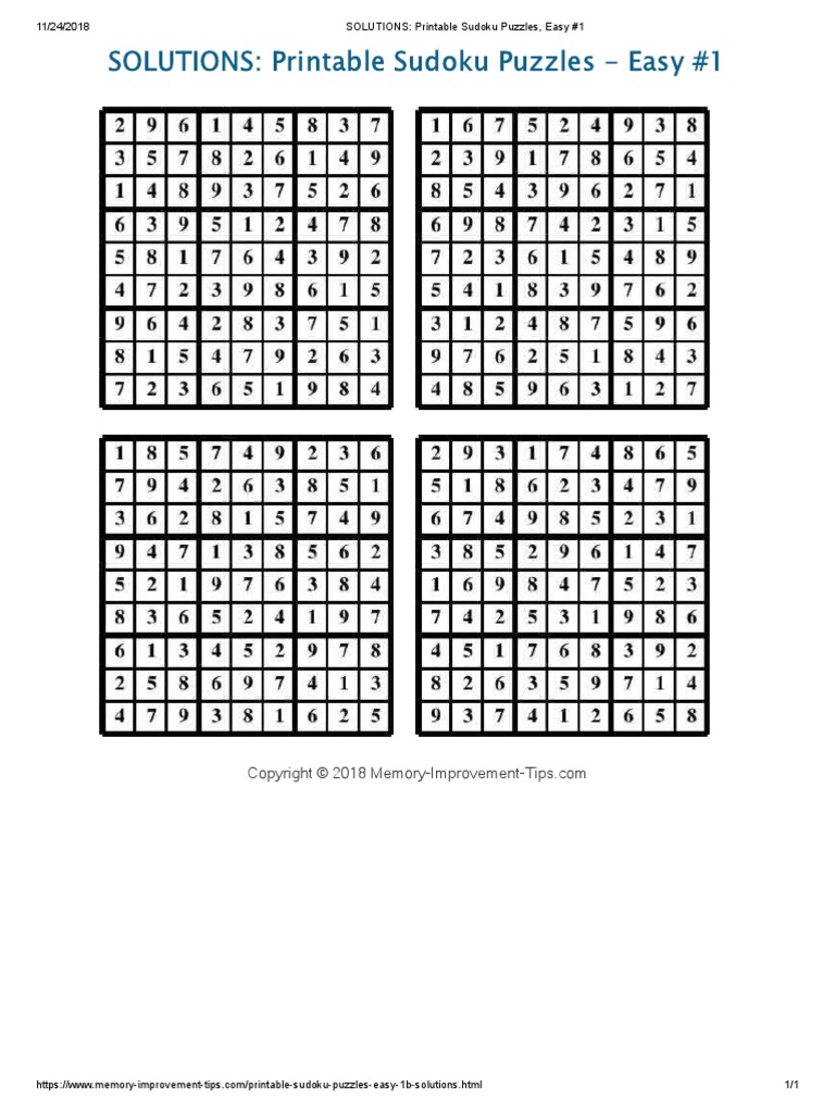 solutions printable sudoku puzzles easy 1 pdf
