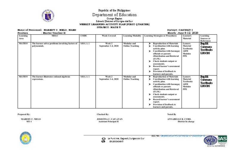 Math 8 Weekly Learning Plan | PDF | Educational Psychology | Education ...