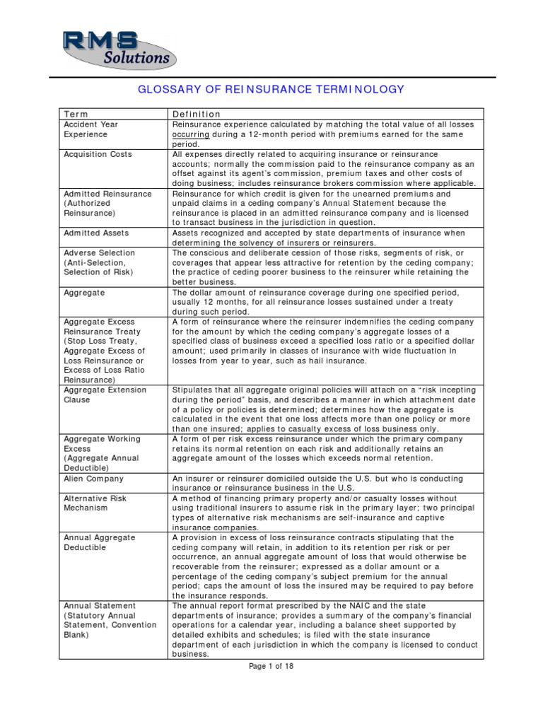 Reinsurance Terminology Glossary | PDF