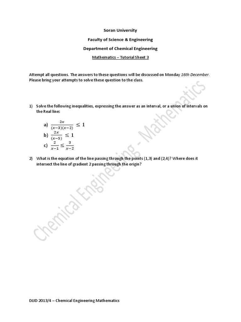Chemical Engineering Mathematics Tutorial Sheet 3 Pdf