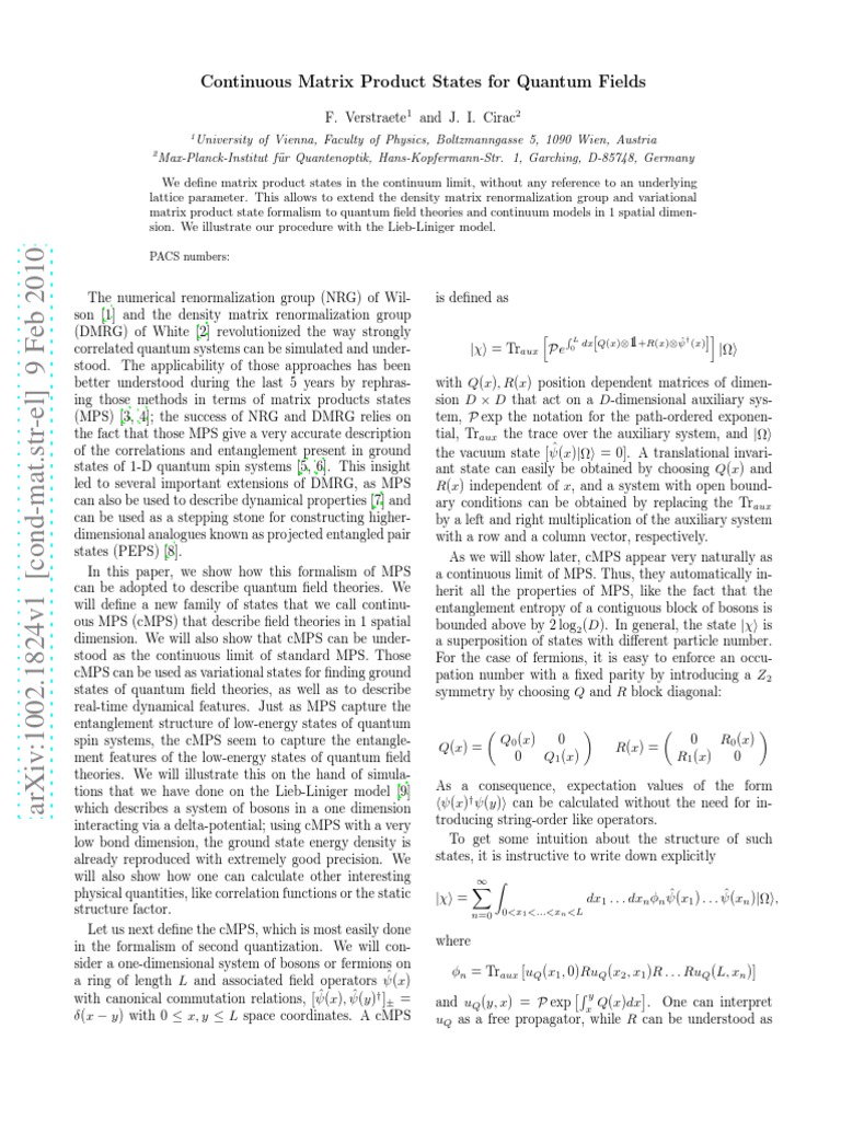 Continuous Matrix Product States in Quantum Fields | PDF | Quantum ...