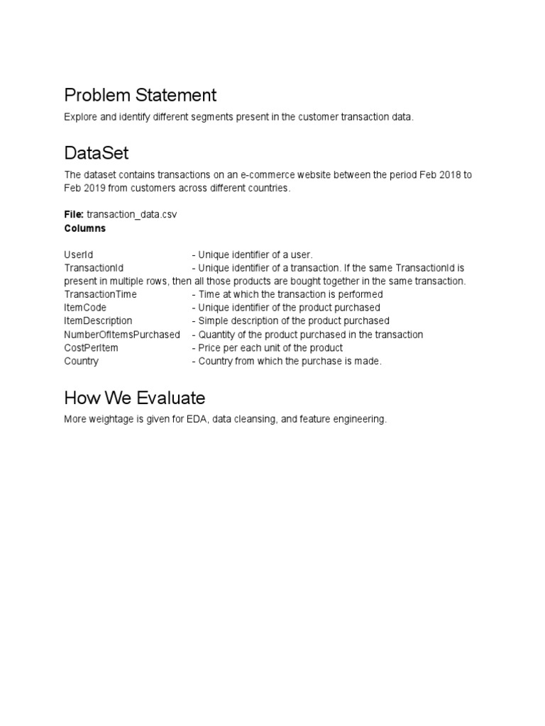 Problem Statement Dataset: File: Transaction - Data - CSV Columns | PDF ...