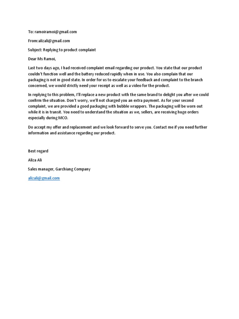 Bad Reply To Email Complaint PDF