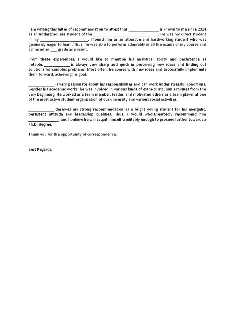 Recommendation Letter Template