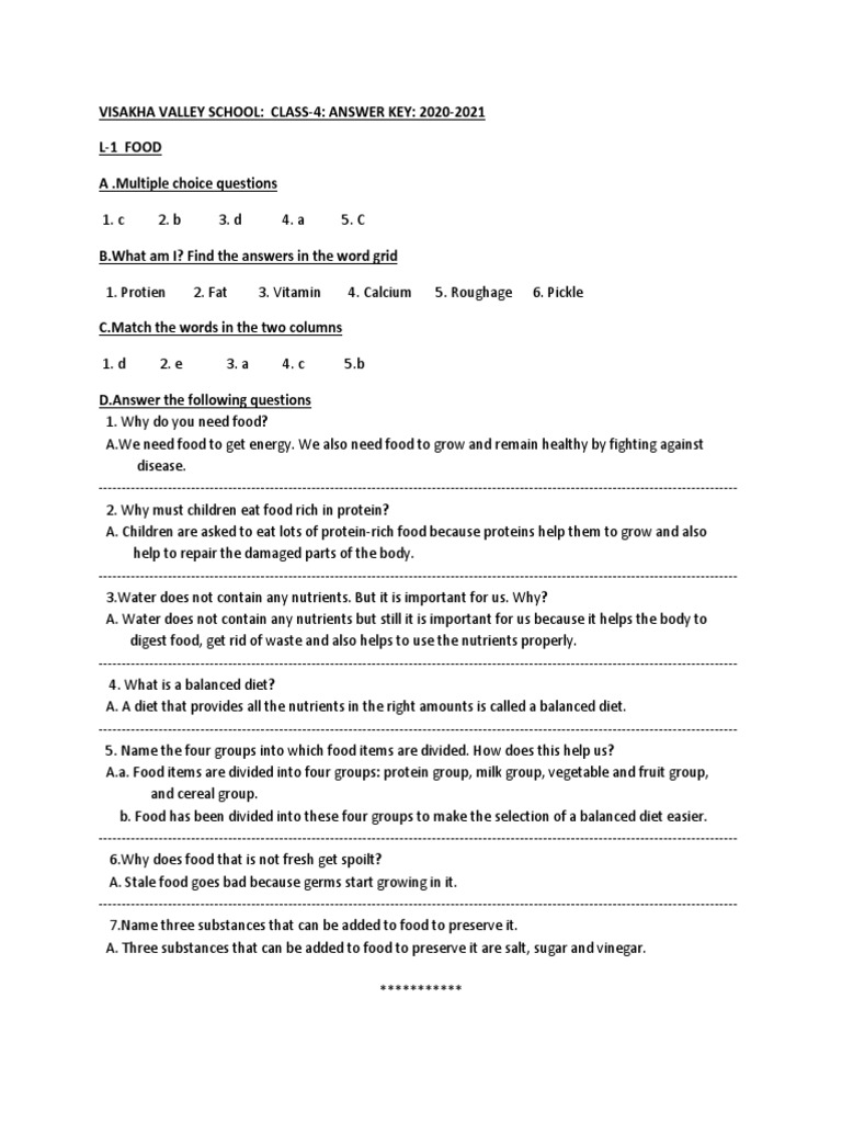 Visakha Valley School: Class-4: Answer Key: 2020-2021 L-1 Food A ...