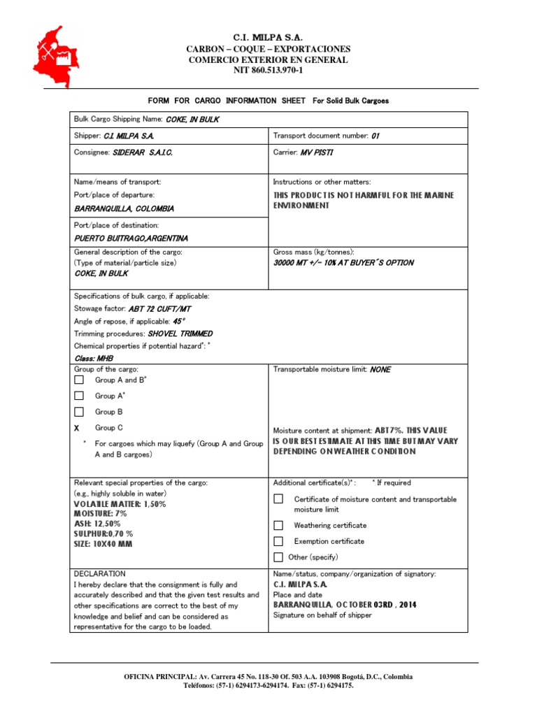 Cargo Information for Coke Shipment | PDF | Cargo | Physical Sciences