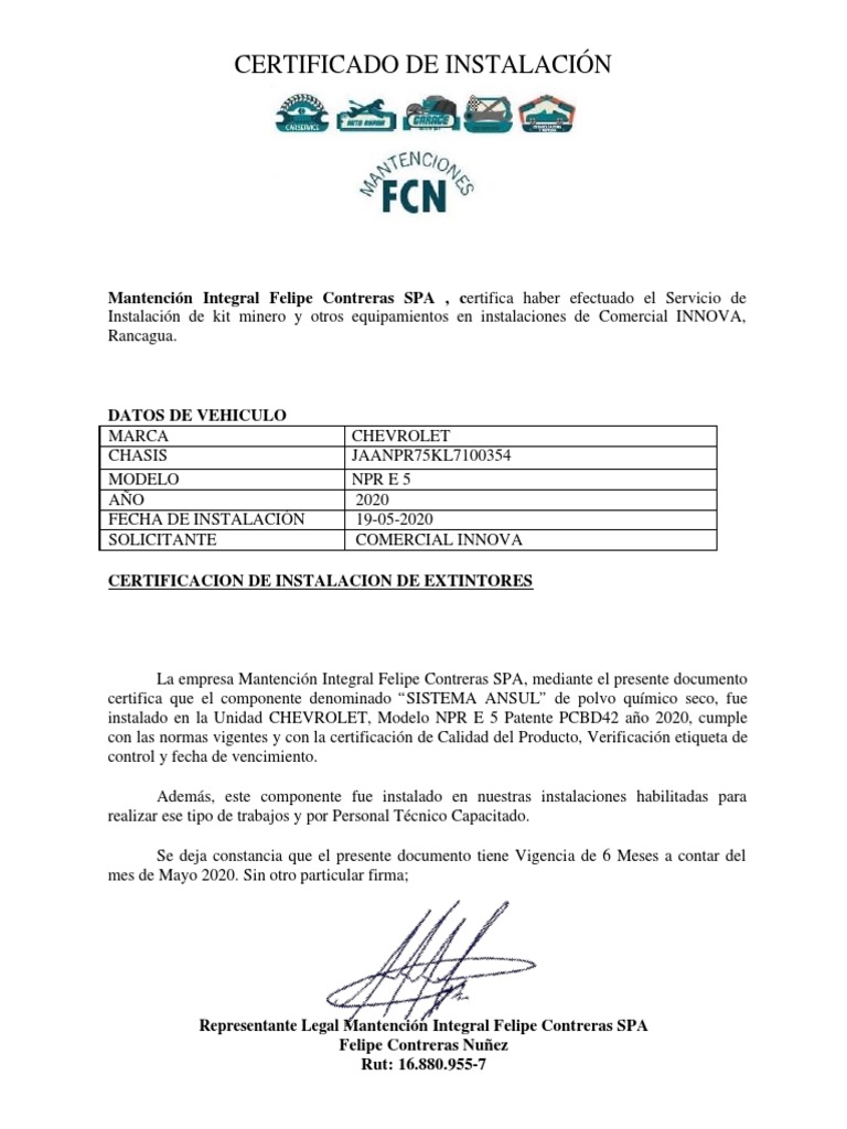 Certificado Instalación Sistema Ansul PCBD42 PDF