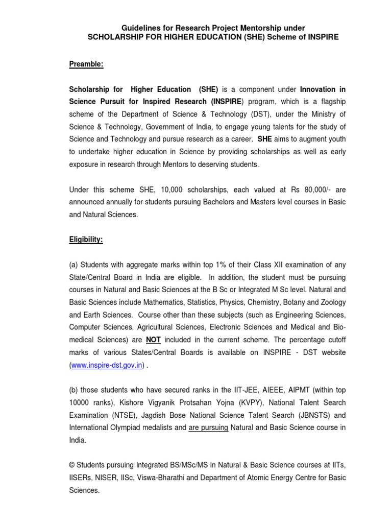 Inspire Mentorship Guidelines PDF PDF Master Of Science Expense