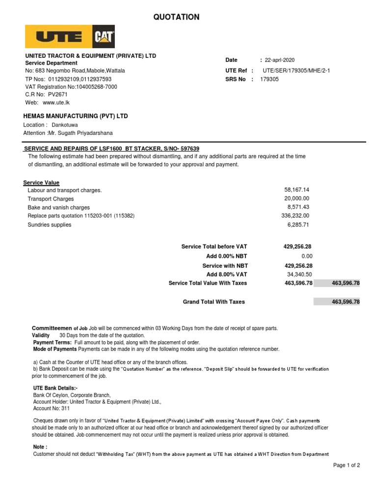 Quotation Hemas Service And Repairs Pdf Withholding Tax Payments