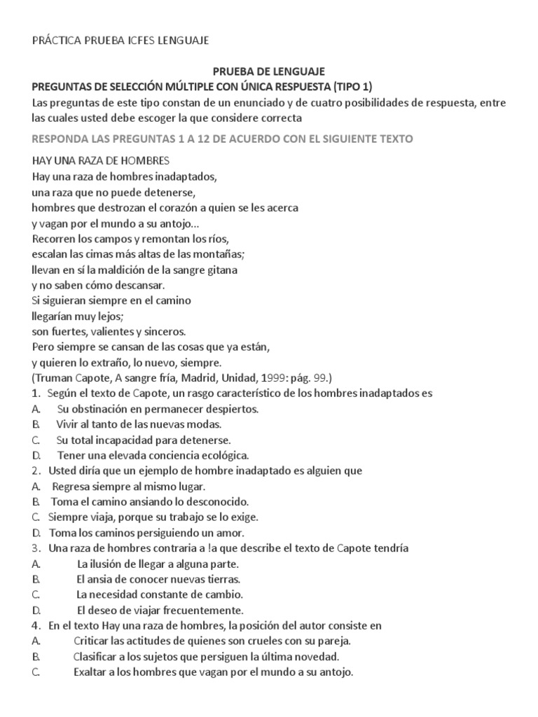 Prueba de Lenguaje ICFES: Preguntas y Respuestas | PDF | Colombia