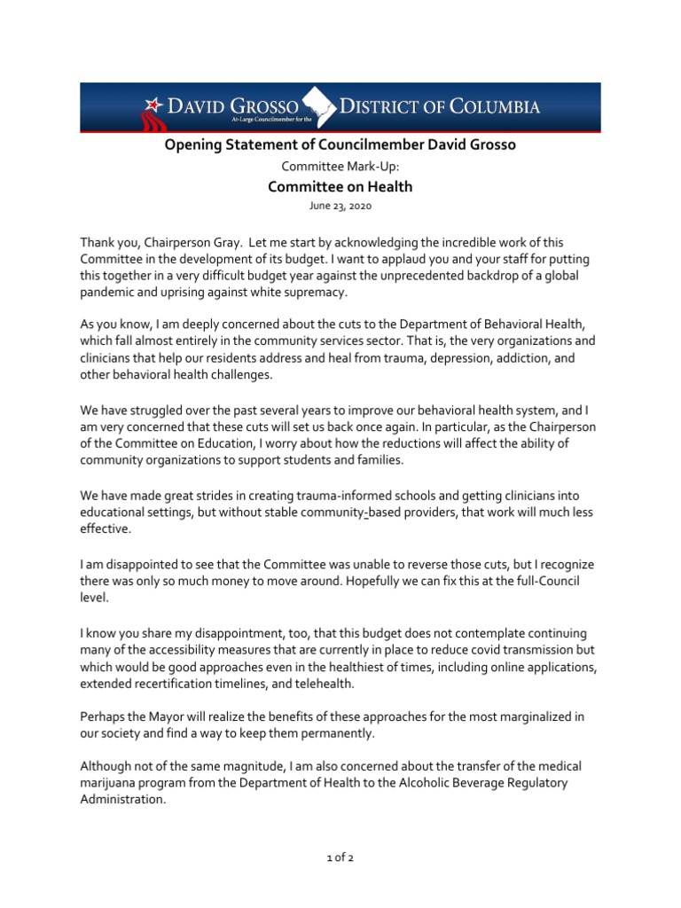 CM Grosso Opening Statement - CoH | PDF | Mental Health | Medicine