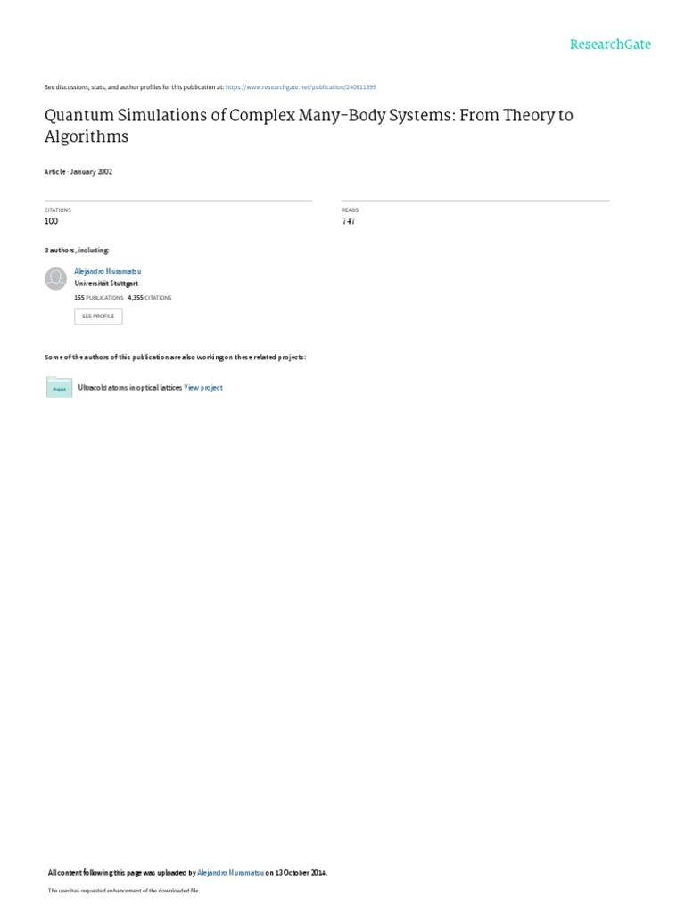 Quantum Simulations of Complex Many-Body Systems F | PDF | Molecular ...