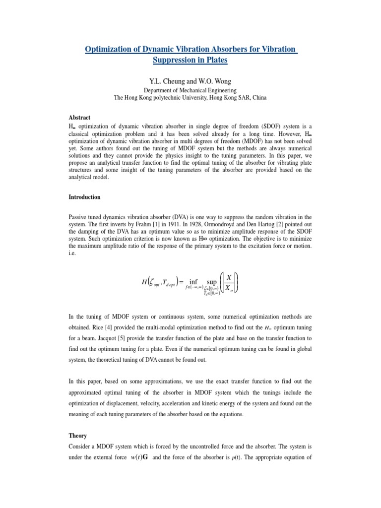 Optimization Dynamic Vibration Absorbers Vibration Suppression Plates