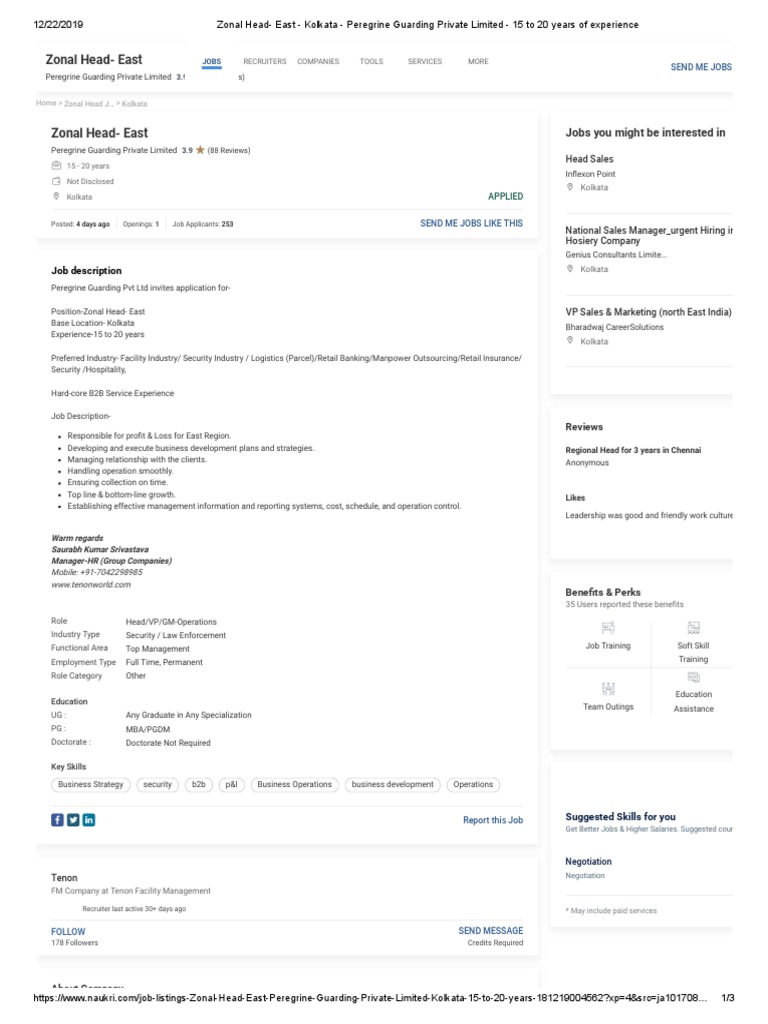 Zonal Head - East - Kolkata - Peregrine Guarding Private Limited - 15 To 20  Years of Experience | PDF | Recruitment | Master Of Business Administration