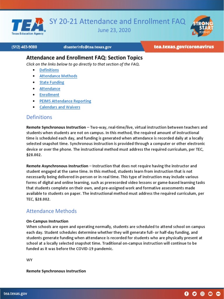 Draft Attendance and Enrollment Guidelines From The Texas Education ...