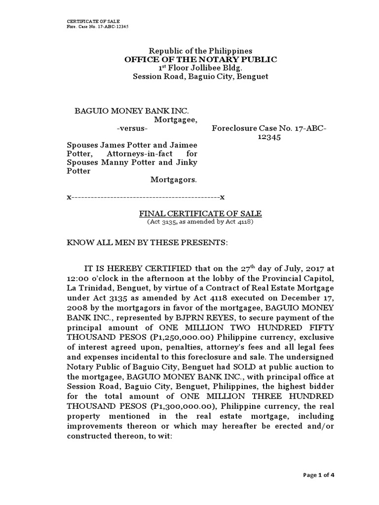 Certificate of Sale Foreclosure Case | PDF | Mortgage Law | Foreclosure