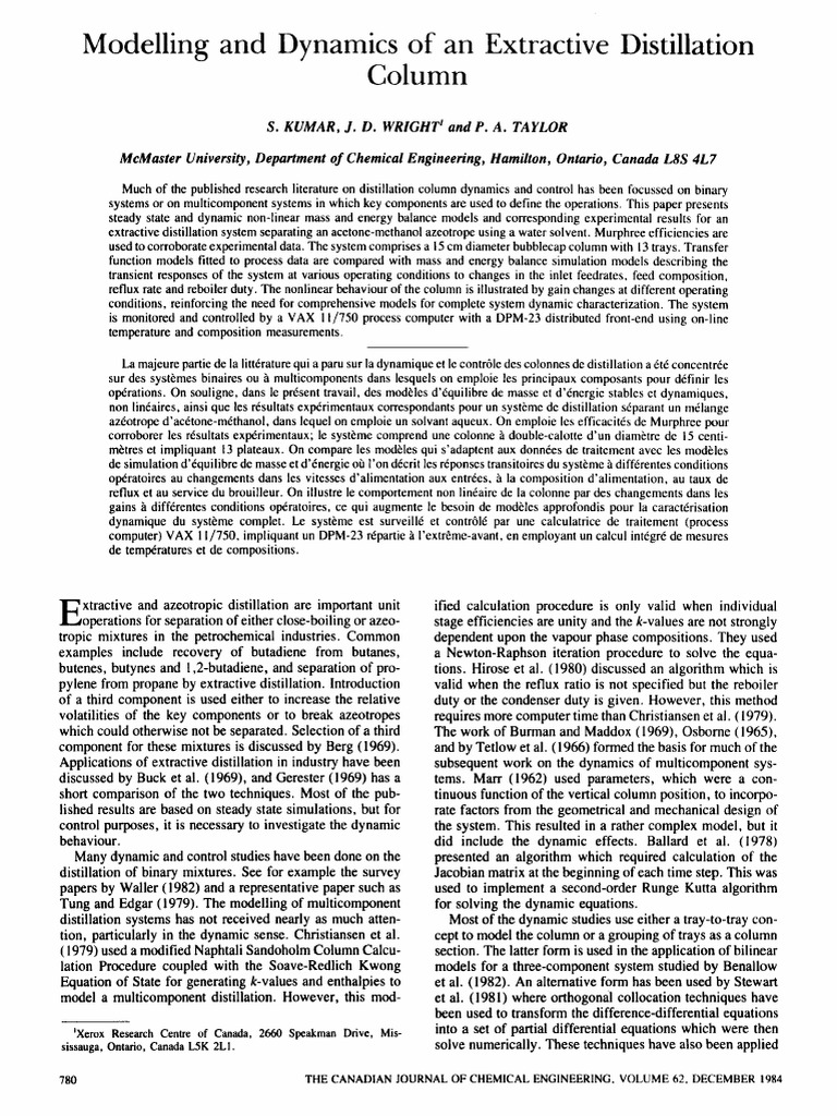 Modelling and Dynamics of An Extractive Distillation Column | PDF ...