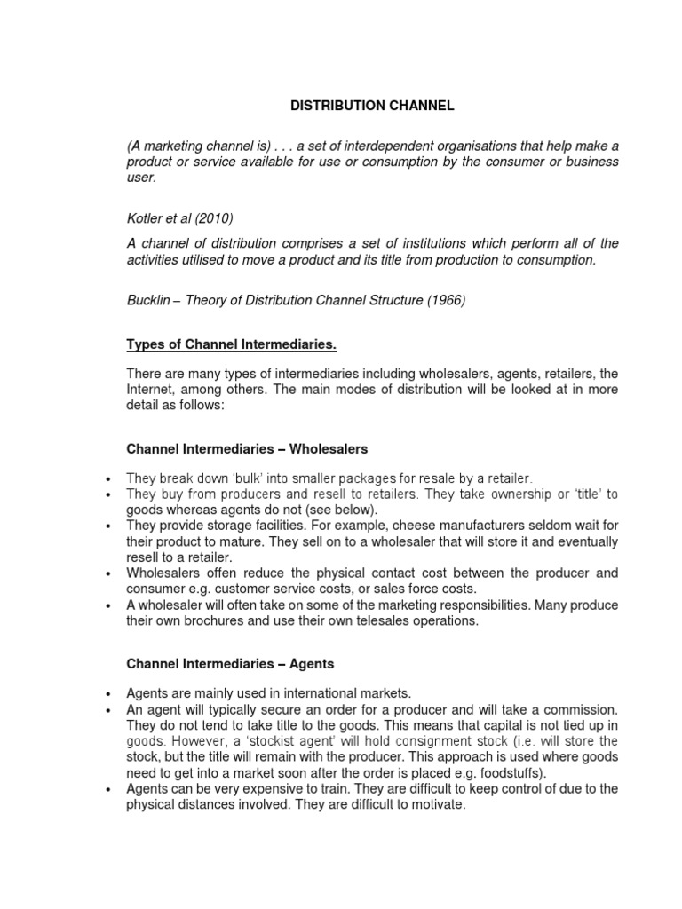 Distribution Channel Types of Channel Intermediaries PDF Retail