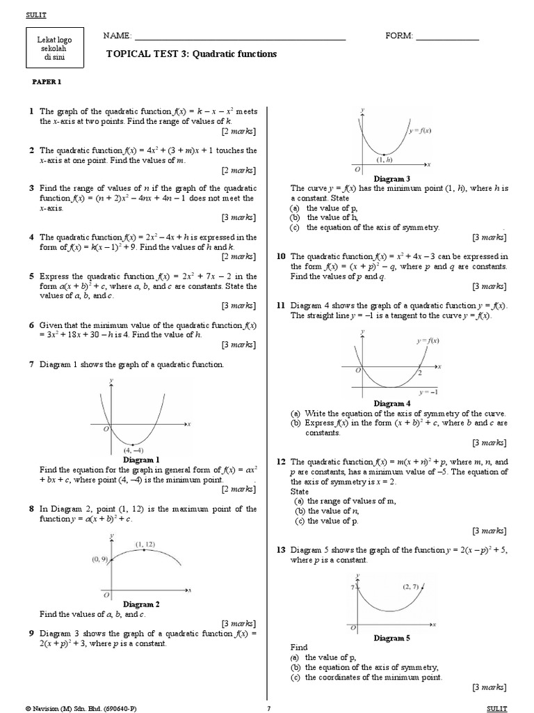 Add Maths F4 Topical Test 3 E Pdf Quadratic Equation Function Mathematics