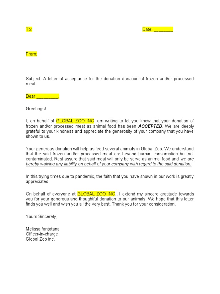 Acceptance Letter For Animal Food | PDF