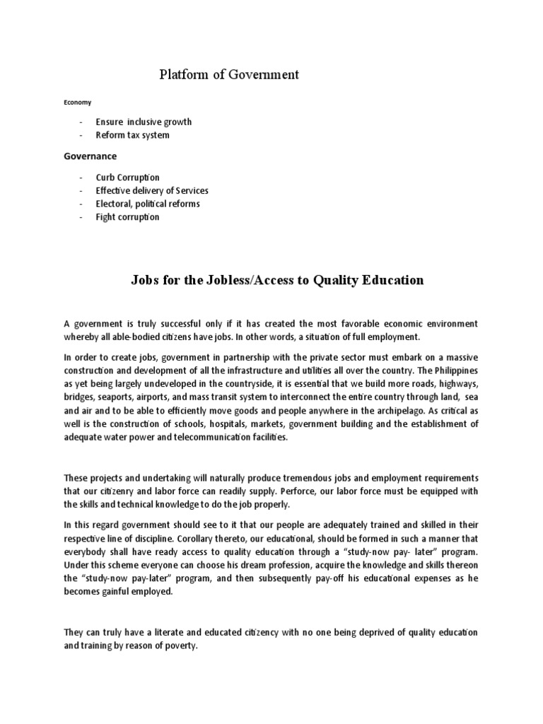 Platform of Government: Jobs For The Jobless/Access To Quality ...