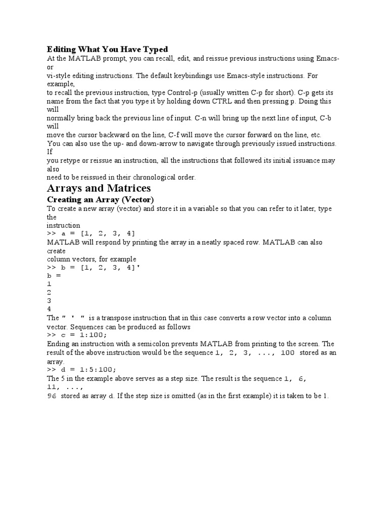 MATLAB Editing and Array Creation Guide | PDF
